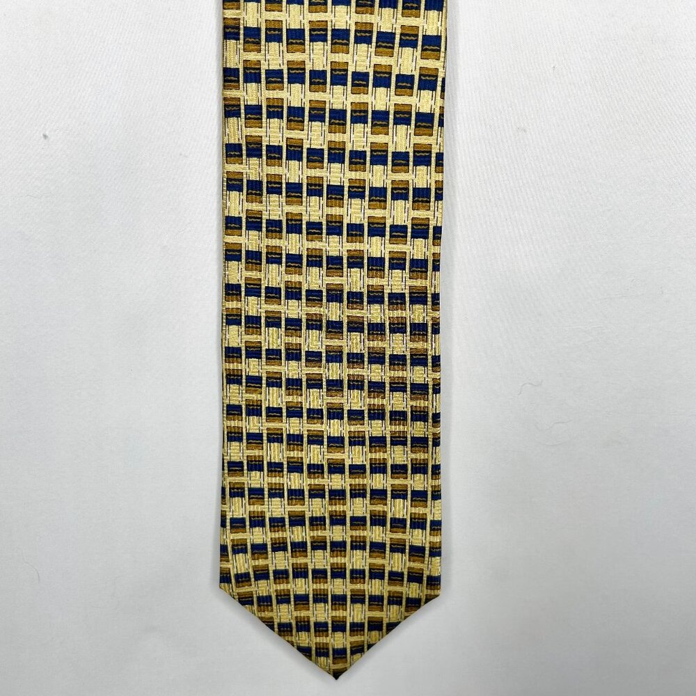 Raphael Men’s Neck Tie 3 ¾” Gold Silk Handmade Roma Milano Geometric Necktie
